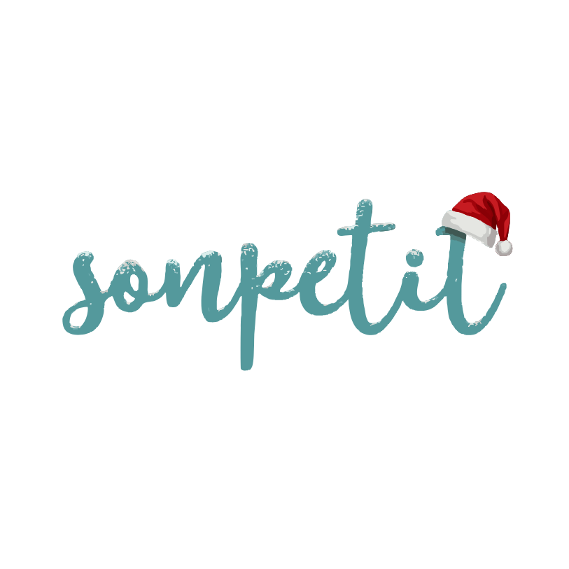 Logotipo Sonpetit Barcelona en versión navideña con gorro de Navidad y decoración invernal.